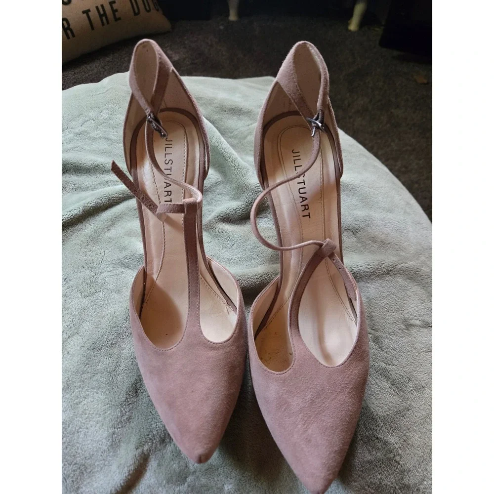 Jill Stuart Nude Suede T-Strap Pointed Platform Pumps‎ Heels Brazil Size 39.5